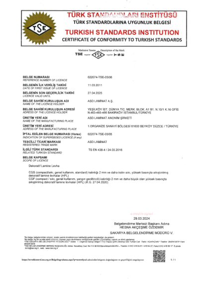 Asd Laminat Kalite Belgesi TS-EN-438-4 Ürün Uygunluk